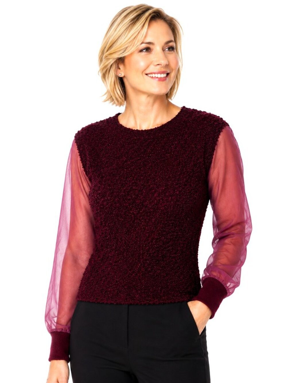 Maple & Cliff Boucle Knit Sheer Organza Sleeve Top